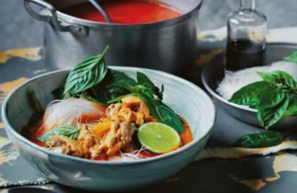 Chicken, tomato and coconut noodle soup