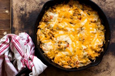 Chicken tortilla casserole, also known as racetrack casserole