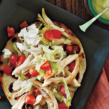 Chicken tostadas and avocado dressing