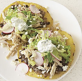 Chicken tostadas with black beans and cilantro-lime cream