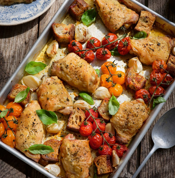 Chicken traybake with garlic and cherry tomatoes