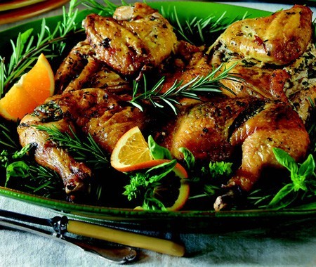 Chicken under a brick