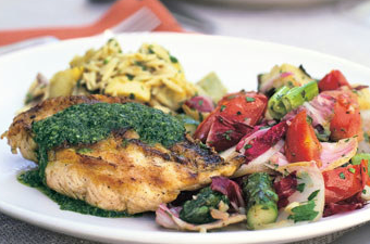Chicken under a brick with fresh herb and garlic sauce