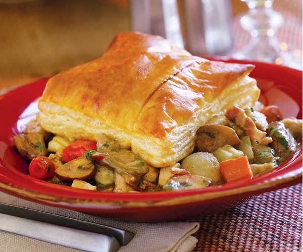 Chicken-vegetable pot pie with puff pastry crust