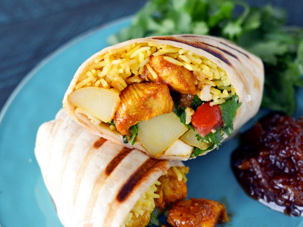 Chicken vindaloo burritos
