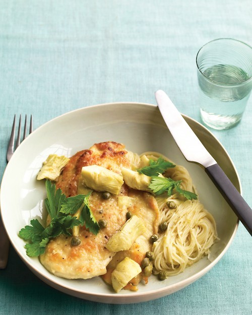 Chicken with artichokes and angel hair