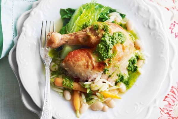 Chicken with baby spring vegetables and pistou