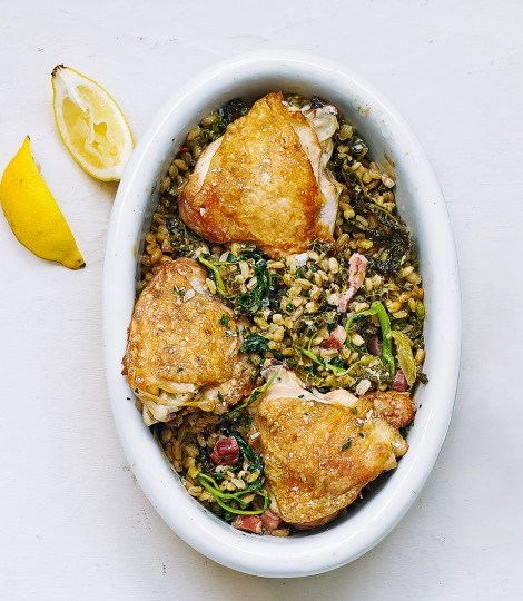 Chicken with baked pearl barley risotto
