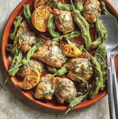 Chicken with basil-anchovy butter & shishito peppers