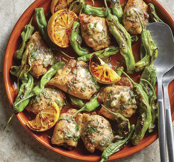 Chicken with basil butter & shishito peppers