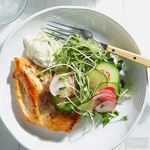 Chicken with basil sauce & cucumber-radish salad