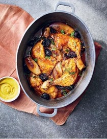 Chicken with Beaujolais, prunes, shallots and thyme
