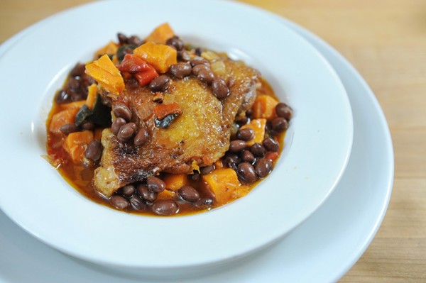 Chicken with black beans, spices and sweet potatoes