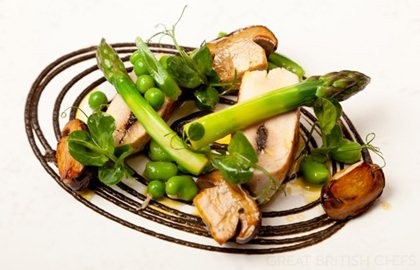 Chicken with black garlic, mushrooms and asparagus