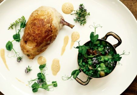 Chicken with braised peas & broad beans (Stuffed roast breast of chicken with braised peas and broad beans, crispy smoked bacon and garden thyme)