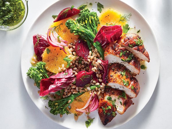 Chicken with broccolini and farro-beet salad