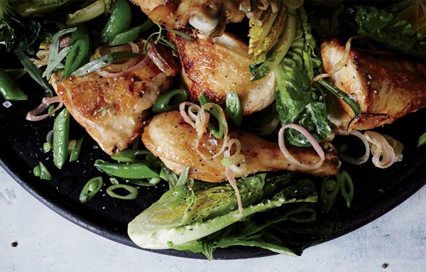 Chicken with buttered snap peas and tender lettuces