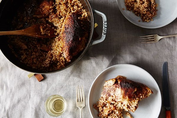 Chicken with caramelized sumac onions, preserved lemon, and Israeli couscous