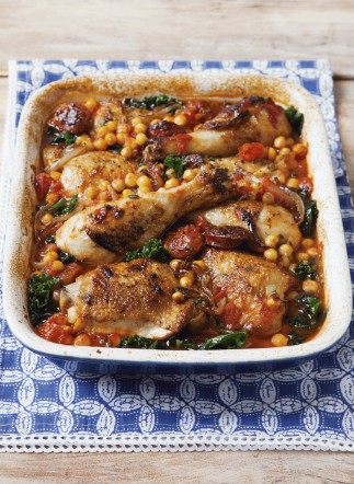 Chicken with chorizo, chickpeas and kale