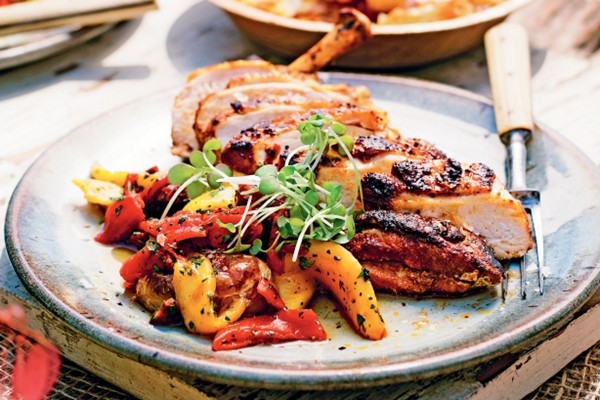 Chicken with chorizo, mango & piquillo salsa
