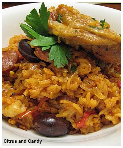 Chicken with chorizo, olives and rice