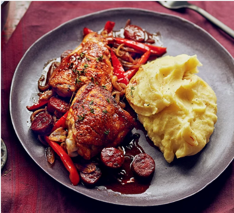 Chicken with chorizo, peppers & saffron mash