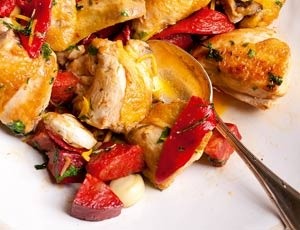 Chicken with chorizo, peppers and sage