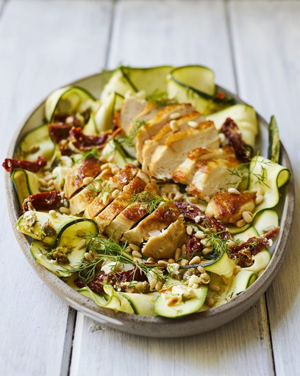 Chicken with courgette ribbon, sun-dried tomatoes, feta and dill