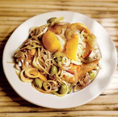 Chicken with fennel, preserved lemon, and olives