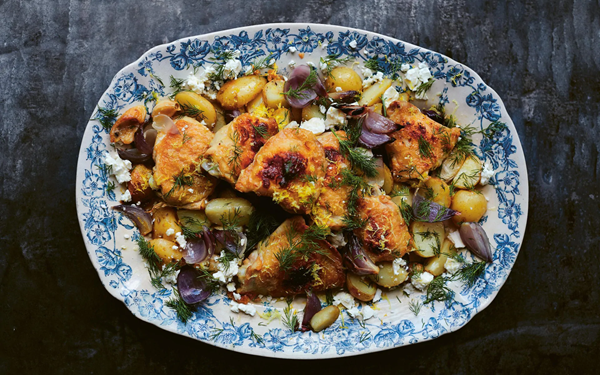 Chicken with feta cheese, dill, lemon and harissa yogurt