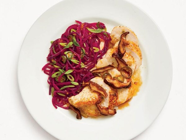 Chicken with ginger beet noodles
