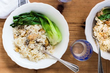 Chicken with ginger rice and Asian greens