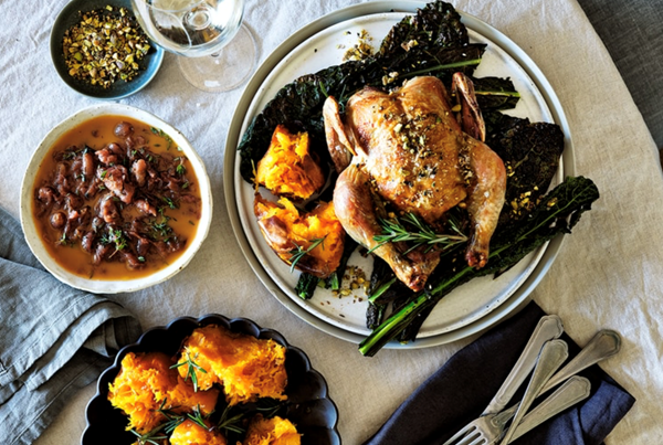 Chicken with grape sauce, pumpkin and burnt kale