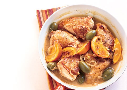 Chicken with green olives, orange, and sherry