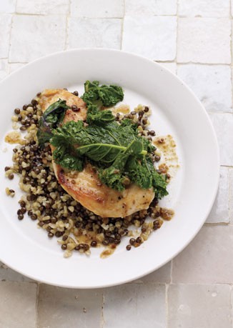 Chicken with kale and freekeh-lentil pilaf
