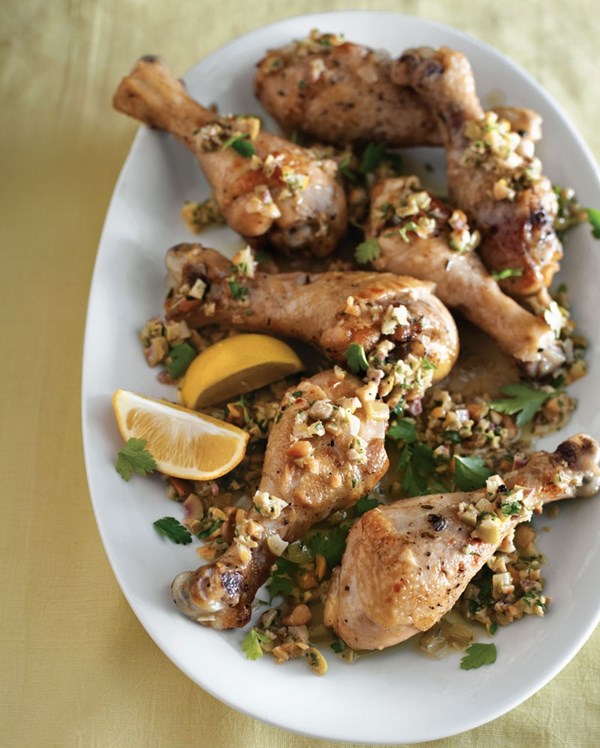 Chicken with lemon, almond & green olive relish