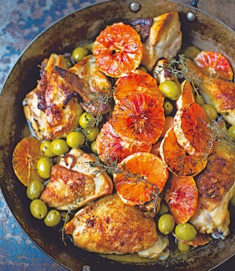 Chicken with Marsala, olives and blood oranges