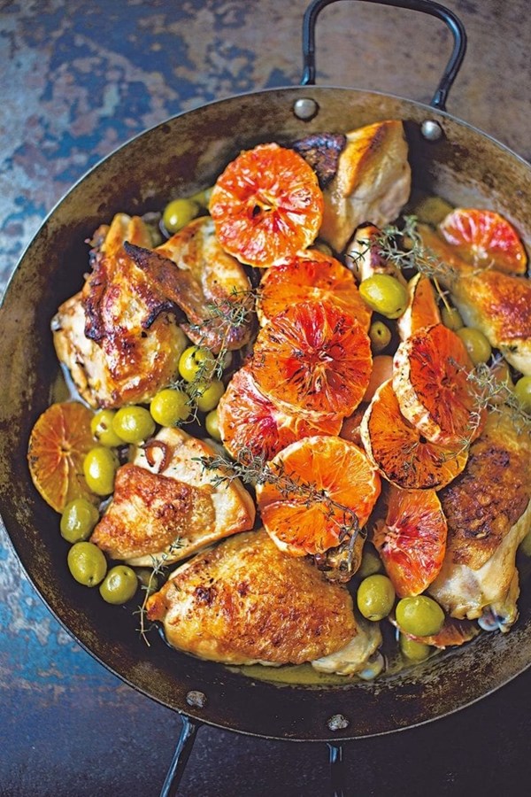Chicken with Marsala, olives and blood oranges