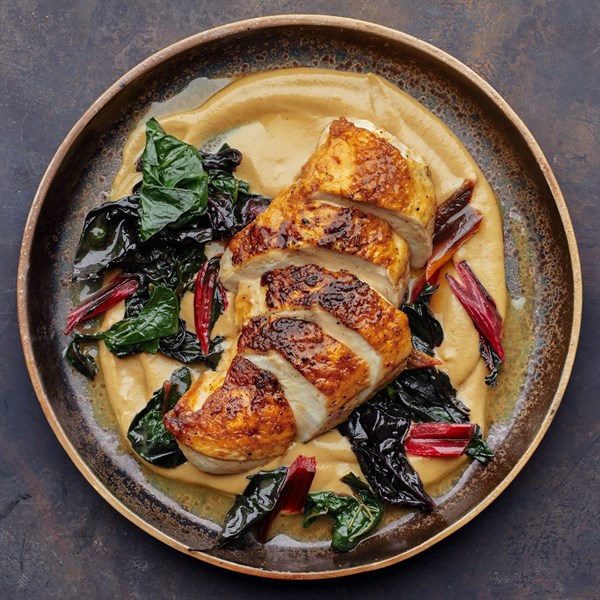 Chicken with mushroom purée and Swiss chard [Shaun Hergatt, Vestry]