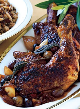 Chicken with olives, caramelized onions, and sage