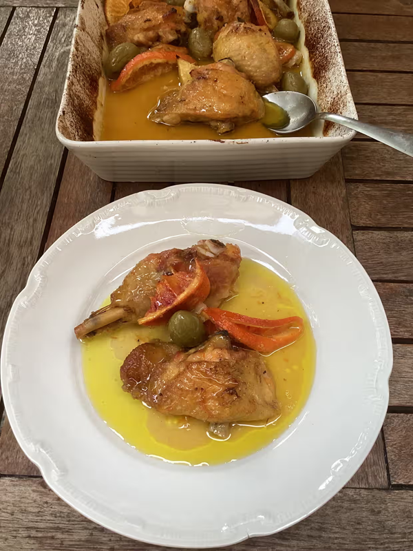 Chicken with orange, lemon, marmalade and olives