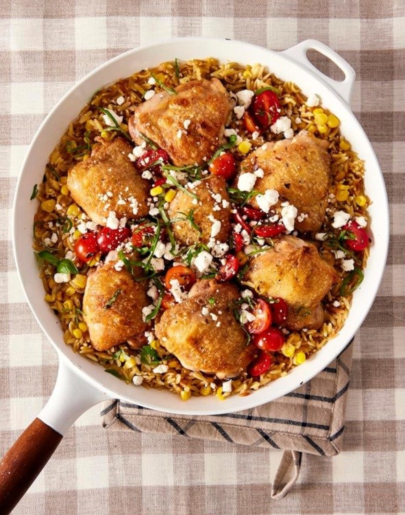 Chicken with orzo, corn & goat cheese