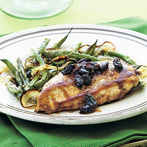 Chicken with pomegranate-sake poached raisins