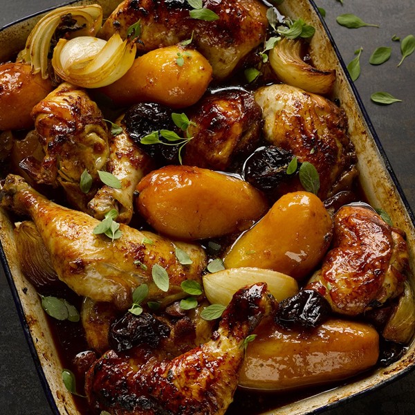 Chicken with potatoes, prunes and pomegranate molasses
