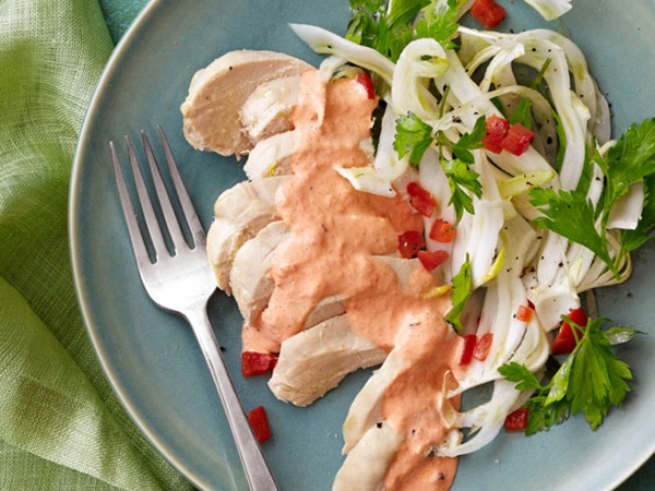 Chicken with red pepper aïoli and shaved fennel salad
