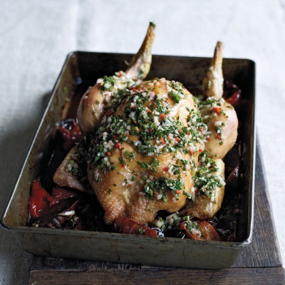 Chicken with red peppers, chorizo and chilli