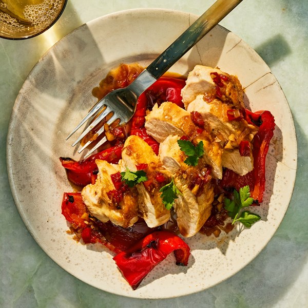 Chicken with schmaltzy red pepper vinaigrette 
