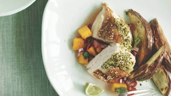 Chicken with sesame lime coconut paste, fresh mango chutney and kumara wedges