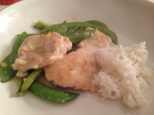 Chicken with snow peas and red pepper flakes