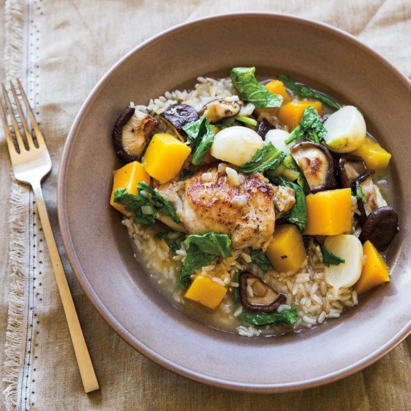 Chicken with squash, turnips, and shiitakes